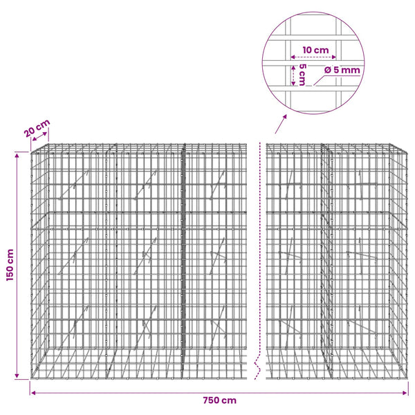 Gabion 5 mm langasta ja 5x10 cm verkosta 750x20x150 cm