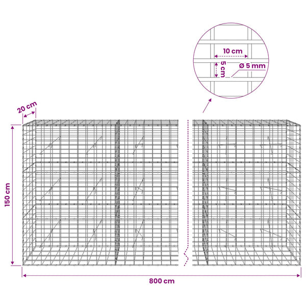 Gabion 5 mm langasta ja 5x10 cm verkosta 800x20x150 cm