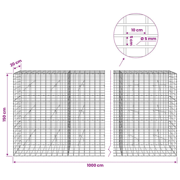 Gabion 5 mm langasta ja 5x10 cm verkosta 1000x20x150 cm