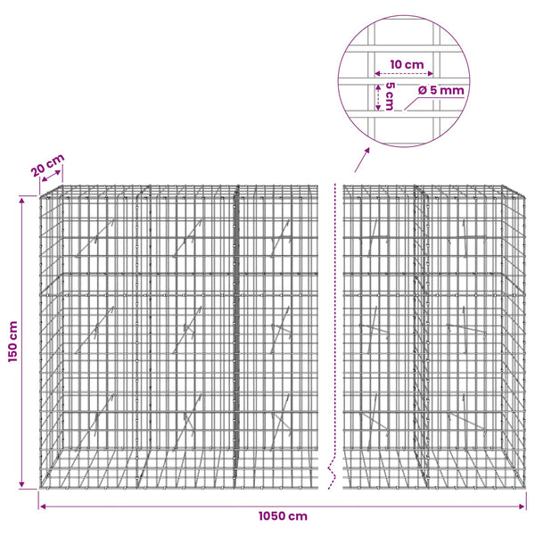 Gabion 5 mm langasta ja 5x10 cm verkosta 1050x20x150 cm