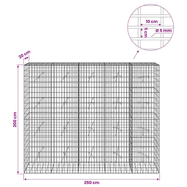 Gabion 5 mm langasta ja 5x10 cm verkosta 250x20x200 cm