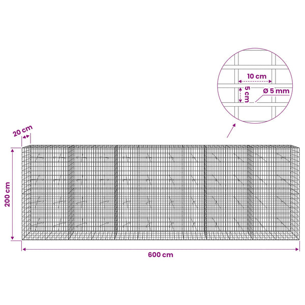 Gabion 5 mm langasta ja 5x10 cm verkosta 600x20x200 cm