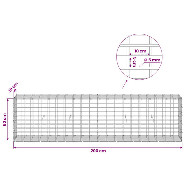 Gabion 5 mm langasta ja 5x10 cm verkosta 200x30x50 cm