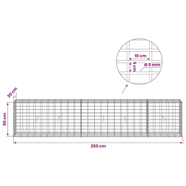 Gabion 5 mm langasta ja 5x10 cm verkosta 250x30x50 cm