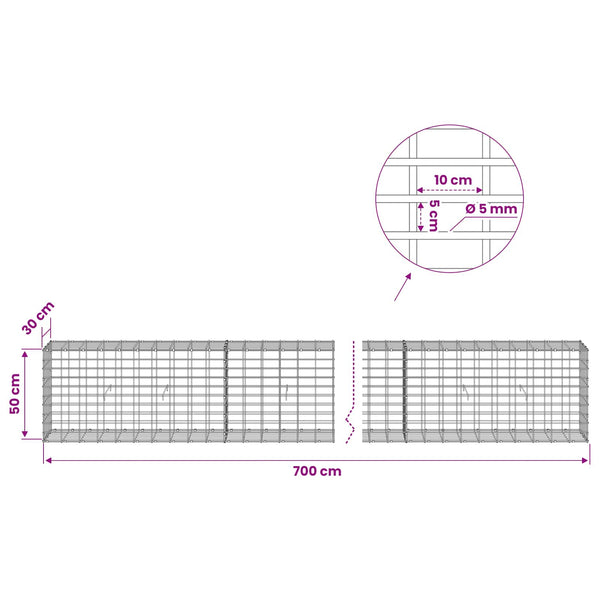 Gabion 5 mm langasta ja 5x10 cm verkosta 700x30x50 cm