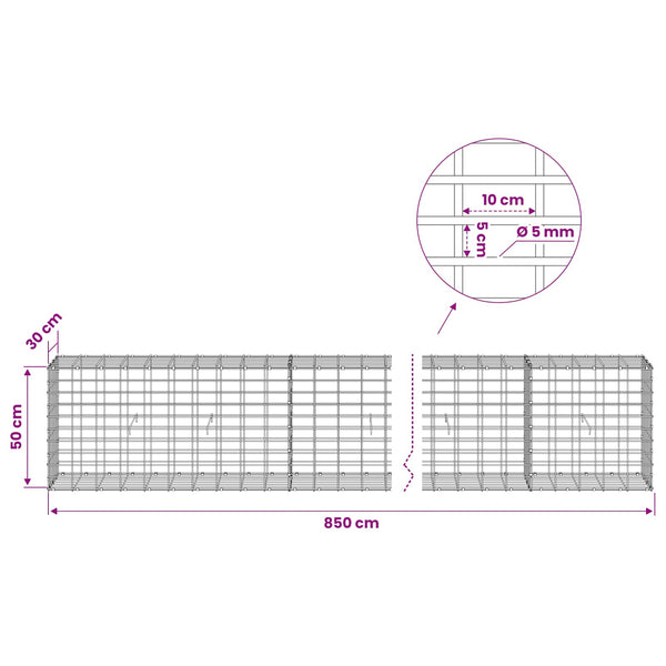 Gabion 5 mm langasta ja 5x10 cm verkosta 850x30x50 cm