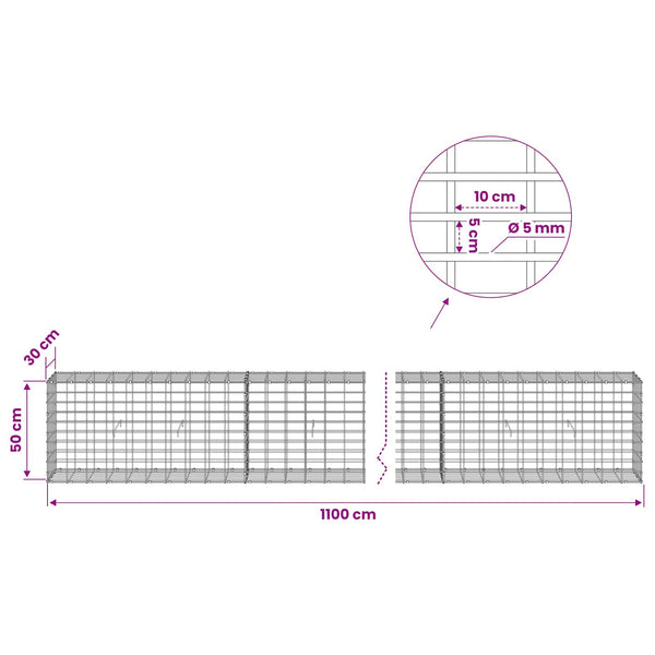 Gabion 5 mm langasta ja 5x10 cm verkosta 1100x30x50 cm