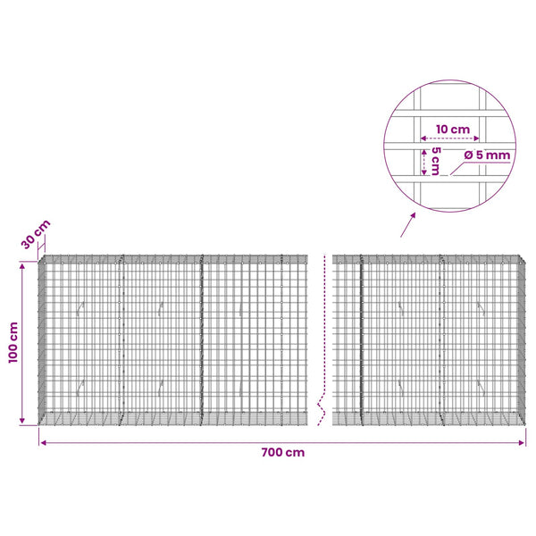 Gabion 5 mm langasta ja 5x10 cm verkosta 700x30x100 cm