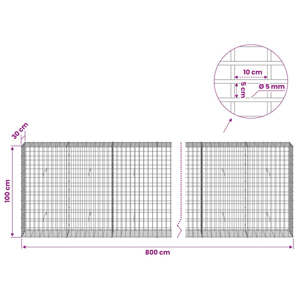 Gabion 5 mm langasta ja 5x10 cm verkosta 800x30x100 cm