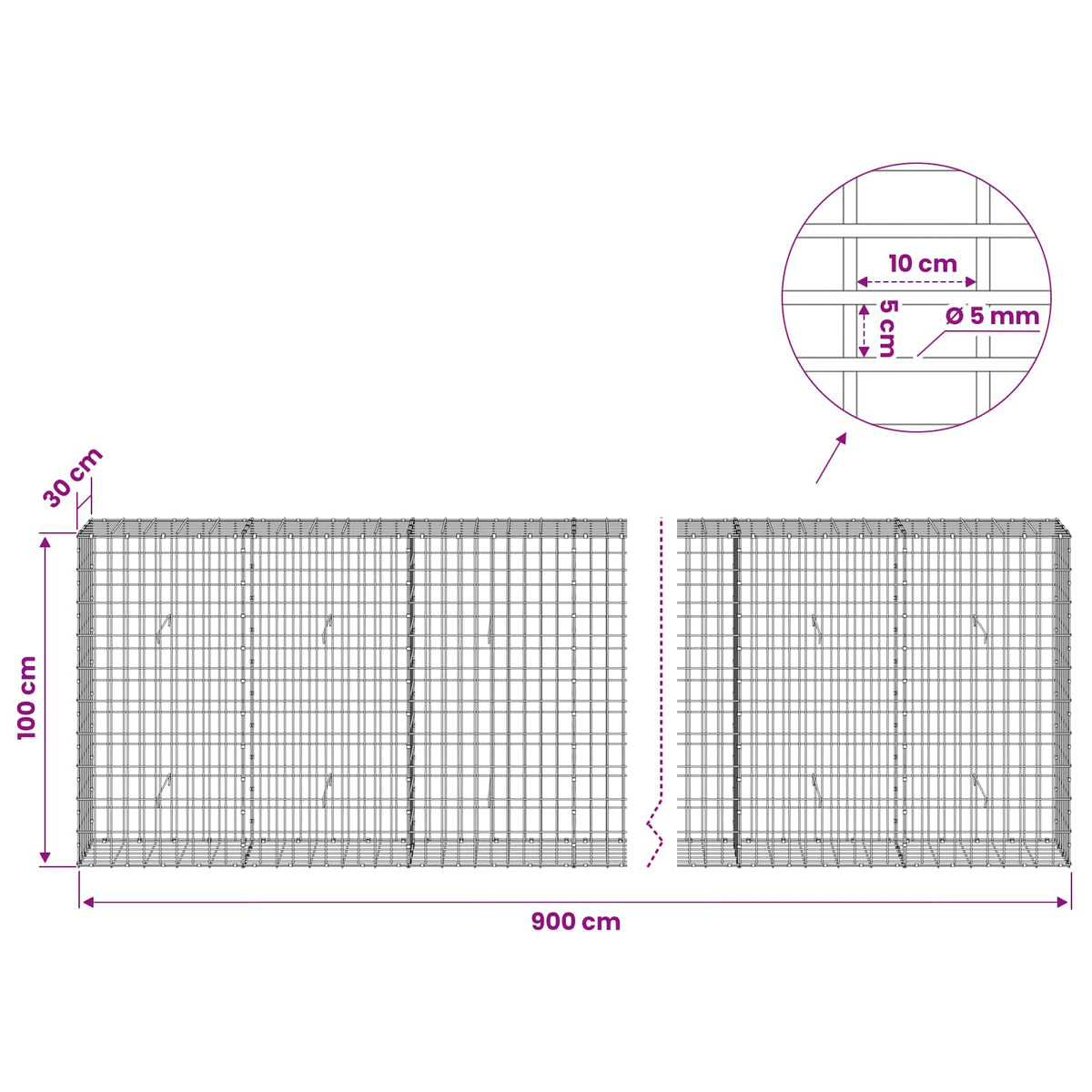 Gabion 5 mm langasta ja 5x10 cm verkosta 900x30x100 cm