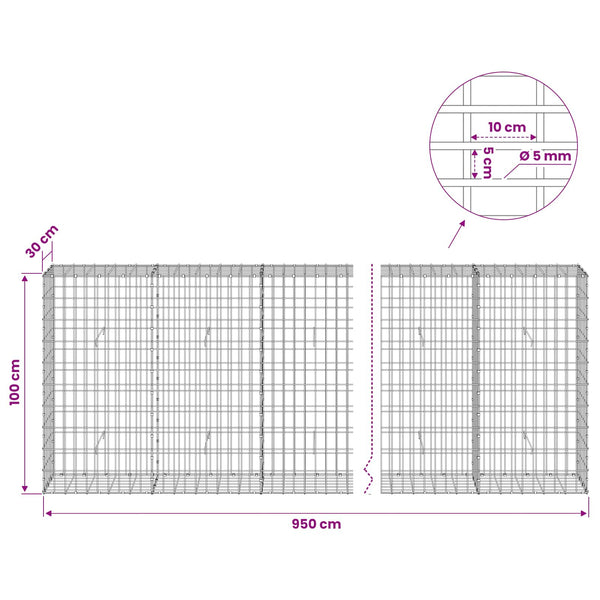 Gabion 5 mm langasta ja 5x10 cm verkosta 950x30x100 cm