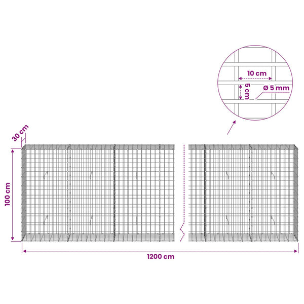 Gabion 5 mm langasta ja 5x10 cm verkosta 1200x30x100 cm
