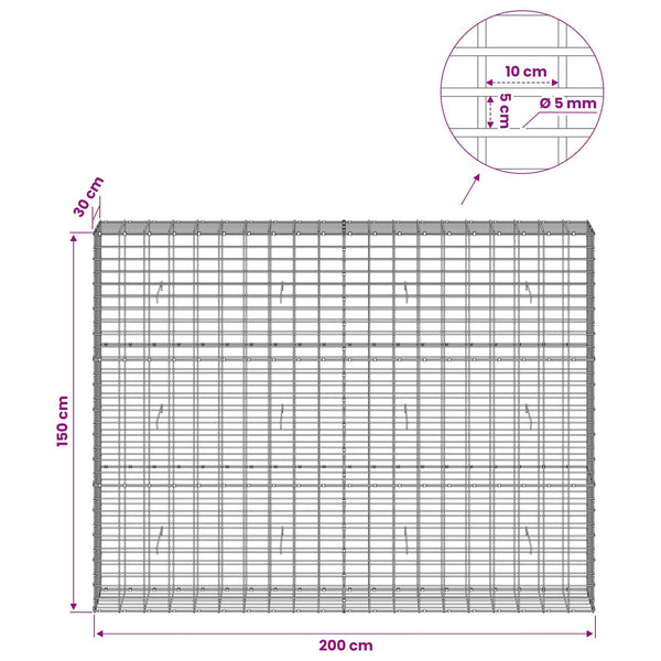 Gabion 5 mm langasta ja 5x10 cm verkosta 200x30x150 cm