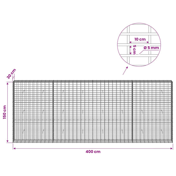 Gabion 5 mm langasta ja 5x10 cm verkosta 400x30x150 cm