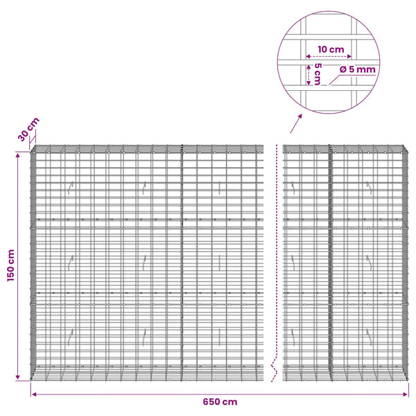 Gabion 5 mm langasta ja 5x10 cm verkosta 650x30x150 cm
