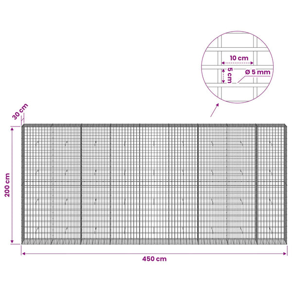 Gabion 5 mm langasta ja 5x10 cm verkosta 450x30x200 cm