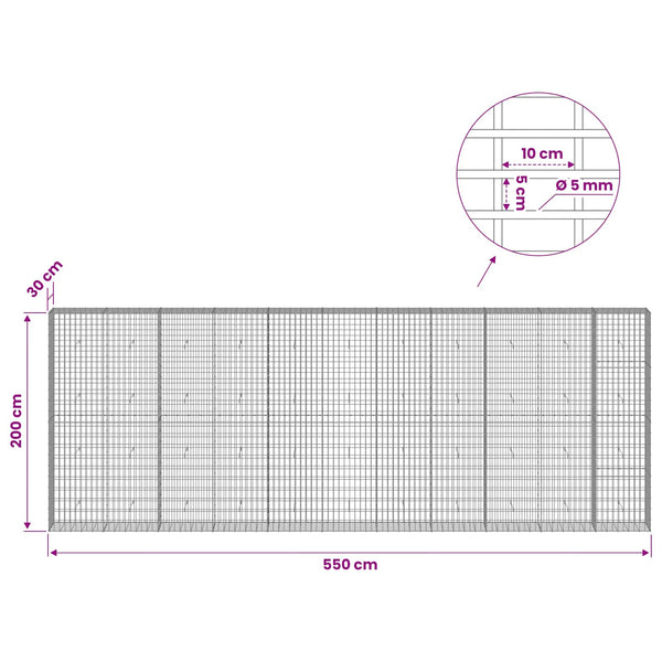 Gabion 5 mm langasta ja 5x10 cm verkosta 550x30x200 cm
