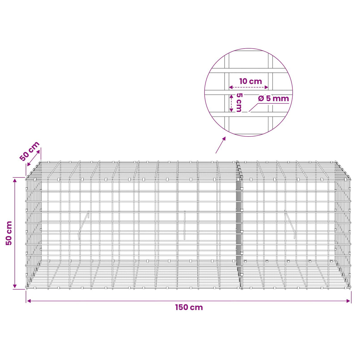 Gabion 5 mm langasta ja 5x10 cm verkosta 150x50x50 cm