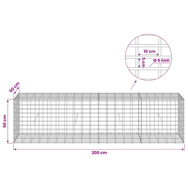 Gabion 5 mm langasta ja 5x10 cm verkosta 200x50x50 cm