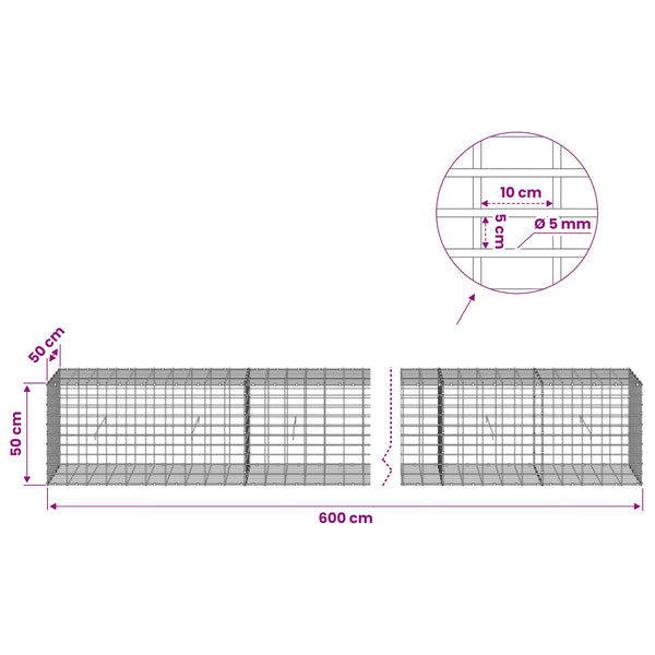 Gabion 5 mm langasta ja 5x10 cm verkosta 600x50x50 cm