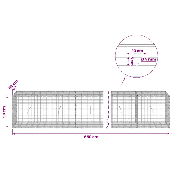Gabion 5 mm langasta ja 5x10 cm verkosta 650x50x50 cm