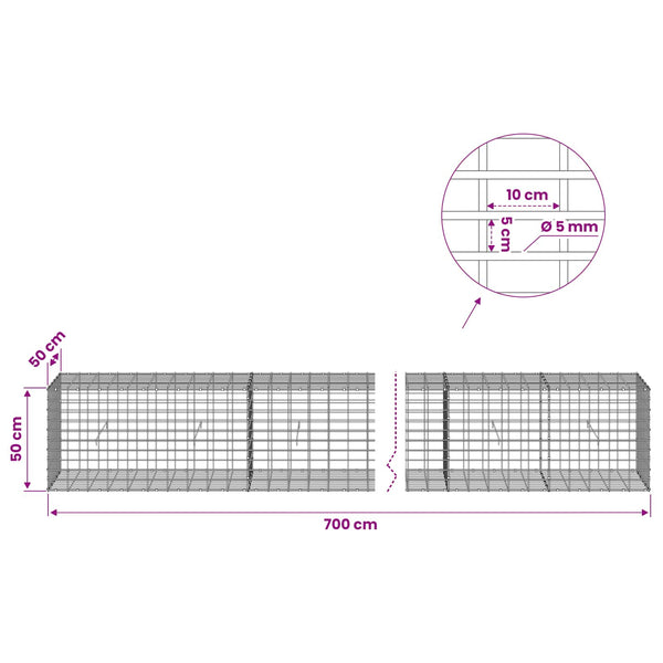 Gabion 5 mm langasta ja 5x10 cm verkosta 700x50x50 cm