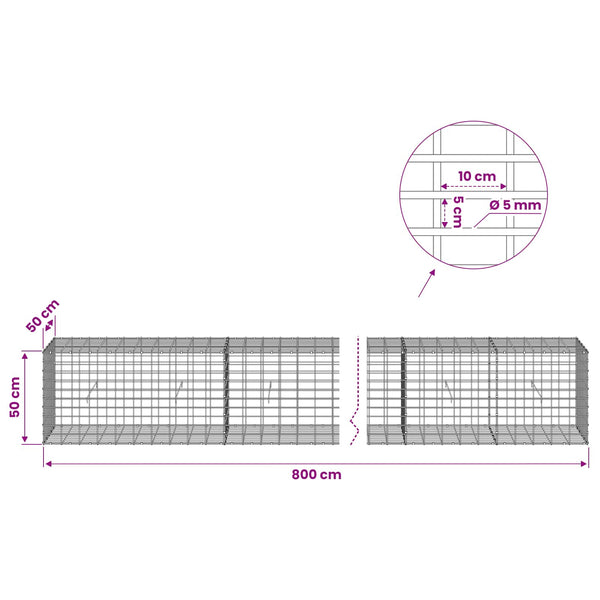 Gabion 5 mm langasta ja 5x10 cm verkosta 800x50x50 cm