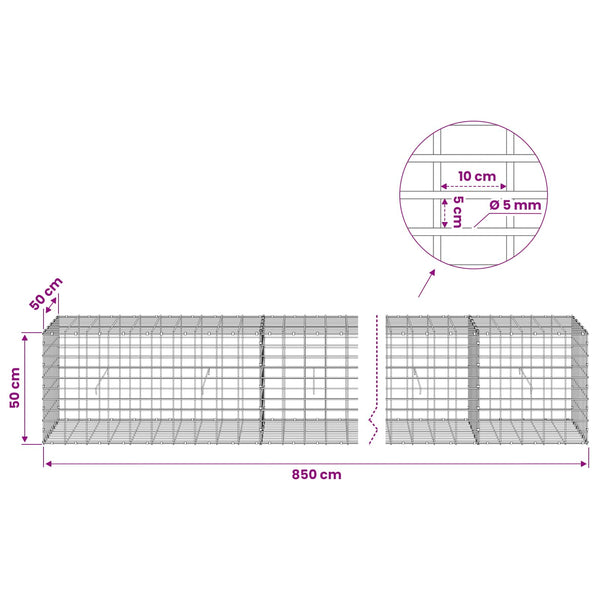 Gabion 5 mm langasta ja 5x10 cm verkosta 850x50x50 cm