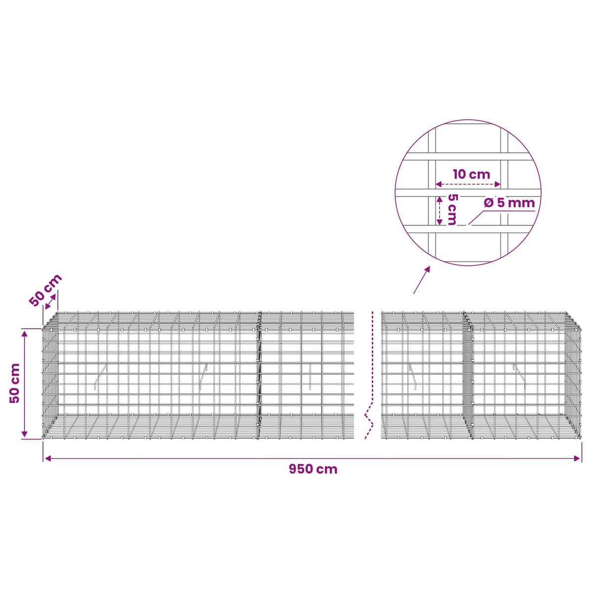 Gabion 5 mm langasta ja 5x10 cm verkosta 950x50x50 cm
