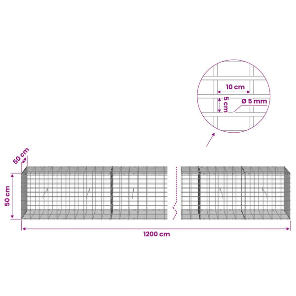 Gabion 5 mm langasta ja 5x10 cm verkosta 1200x50x50 cm