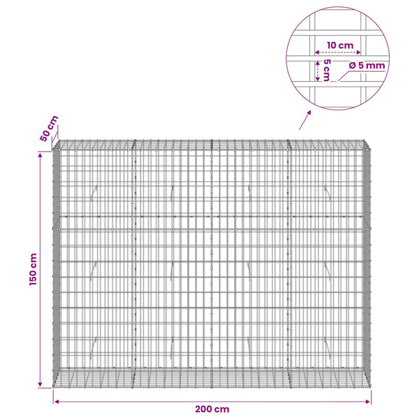 Gabion 5 mm langasta ja 5x10 cm verkosta 200x50x150 cm