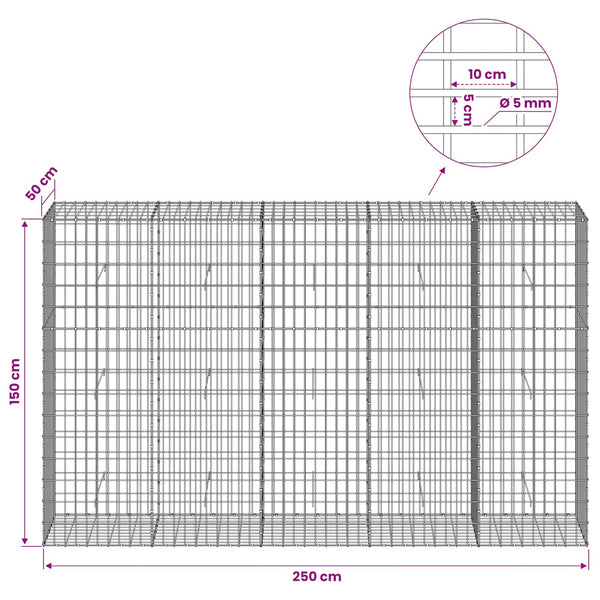 Gabion 5 mm langasta ja 5x10 cm verkosta 250x50x150 cm