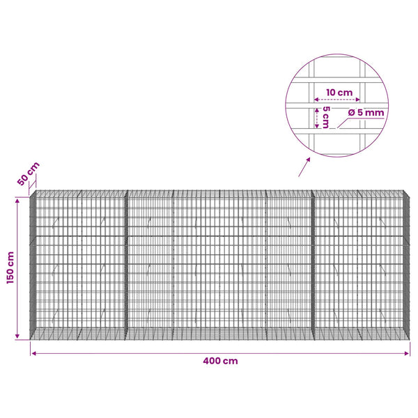 Gabion 5 mm langasta ja 5x10 cm verkosta 400x50x150 cm