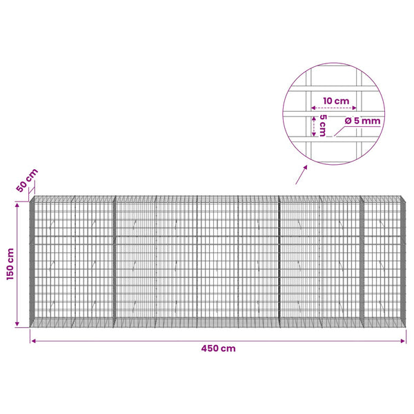Gabion 5 mm langasta ja 5x10 cm verkosta 450x50x150 cm
