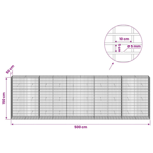 Gabion 5 mm langasta ja 5x10 cm verkosta 500x50x150 cm