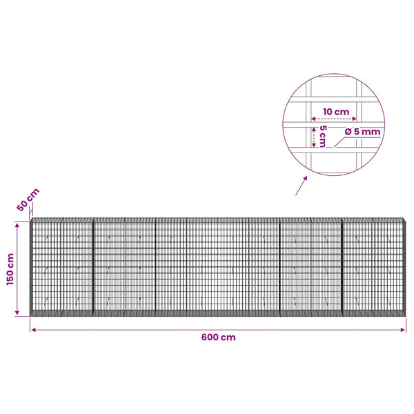 Gabion 5 mm langasta ja 5x10 cm verkosta 600x50x150 cm