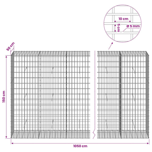 Gabion 5 mm langasta ja 5x10 cm verkosta 1050x50x150 cm
