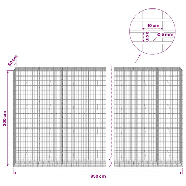 Gabion 5 mm langasta ja 5x10 cm verkosta 950x50x200 cm