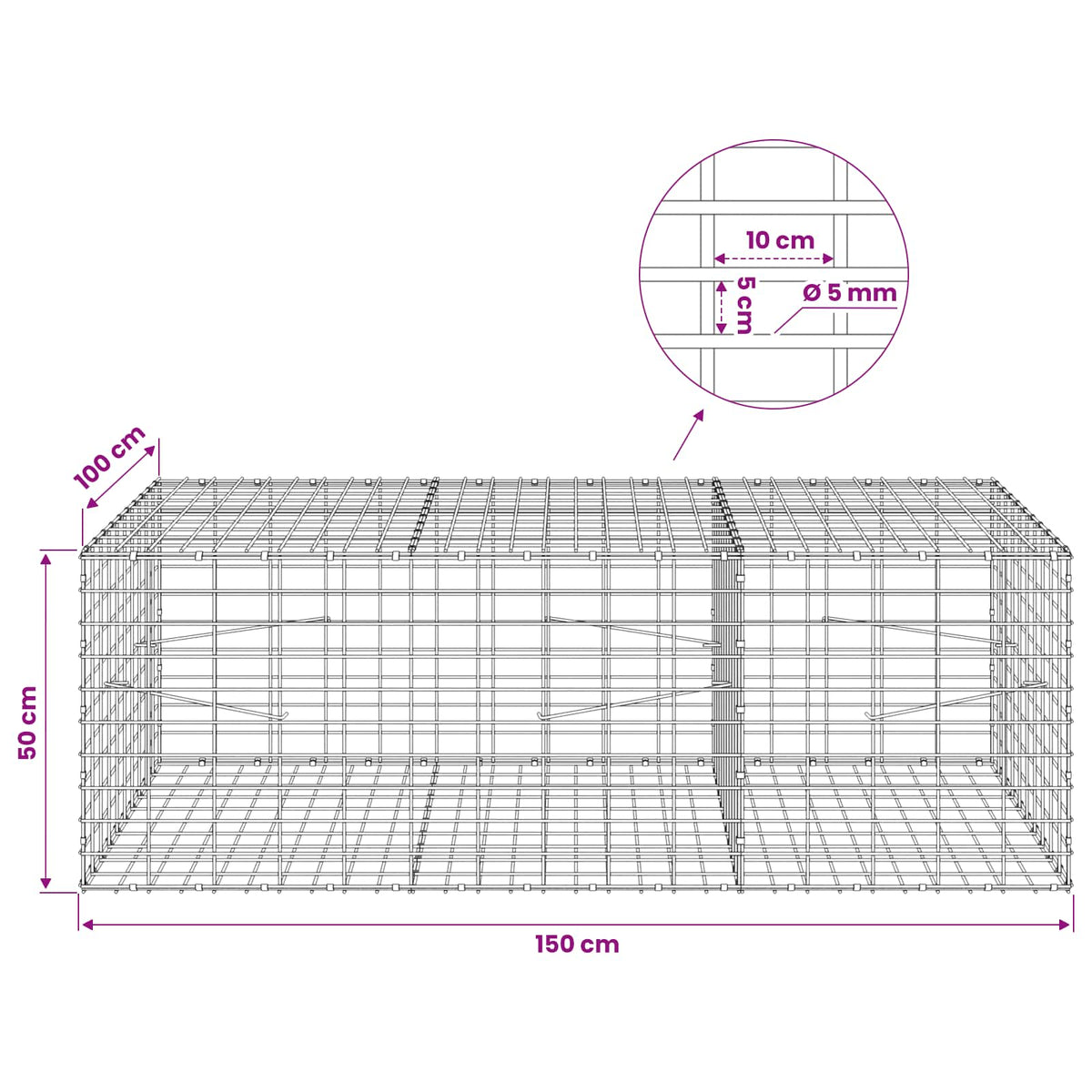Gabion 5 mm langasta ja 5x10 cm verkosta 150x100x50 cm