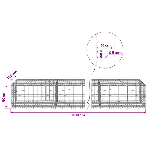 Gabion 5 mm langasta ja 5x10 cm verkosta 1000x100x50 cm