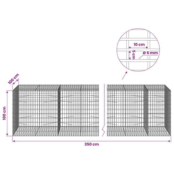Gabion 5 mm langasta ja 5x10 cm verkosta 350x100x100 cm