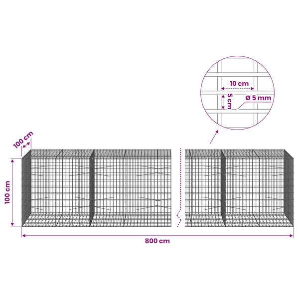 Gabion 5 mm langasta ja 5x10 cm verkosta 800x100x100 cm