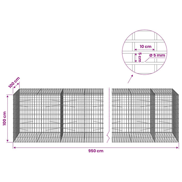Gabion 5 mm langasta ja 5x10 cm verkosta 950x100x100 cm