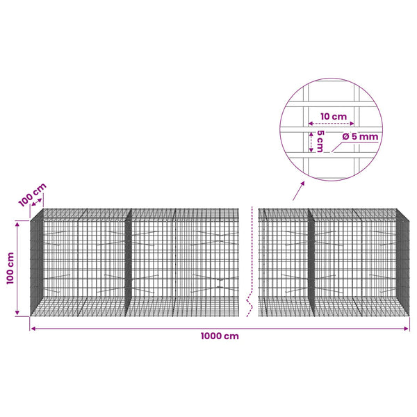 Gabion 5 mm langasta ja 5x10 cm verkosta 1000x100x100 cm