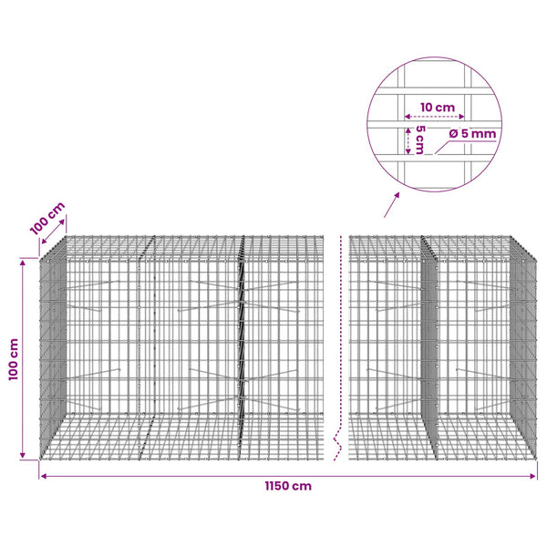 Gabion 5 mm langasta ja 5x10 cm verkosta 1150x100x100 cm