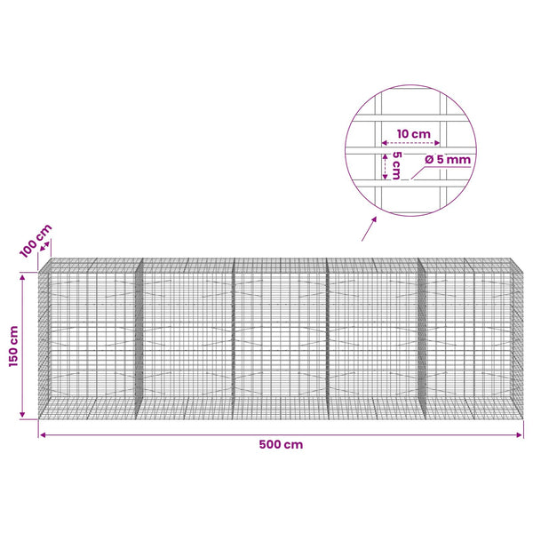 Gabion 5 mm langasta ja 5x10 cm verkosta 500x100x150 cm