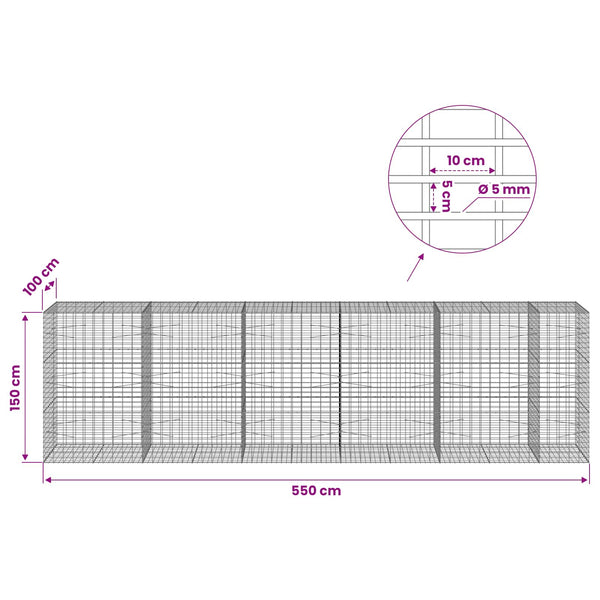 Gabion 5 mm langasta ja 5x10 cm verkosta 550x100x150 cm