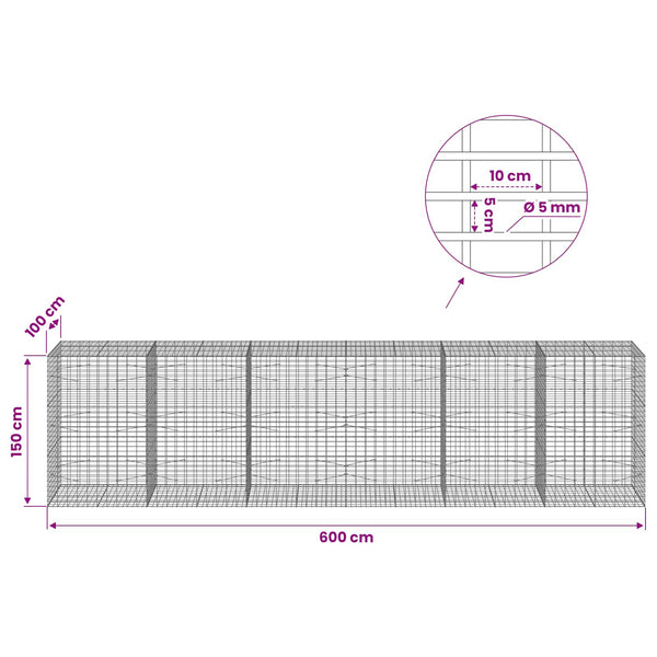 Gabion 5 mm langasta ja 5x10 cm verkosta 600x100x150 cm