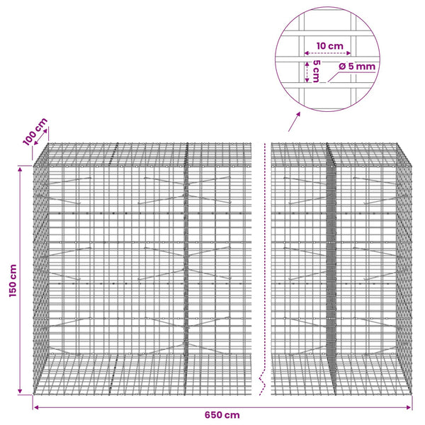 Gabion 5 mm langasta ja 5x10 cm verkosta 650x100x150 cm