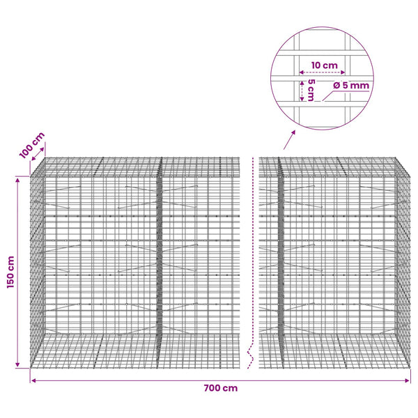 Gabion 5 mm langasta ja 5x10 cm verkosta 700x100x150 cm